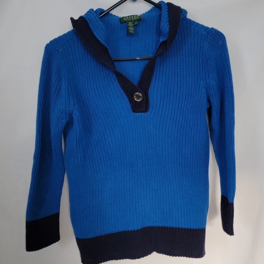 Ralph Lauren Hooded Exaggerated Collar  Sweater Blue Cotton Small